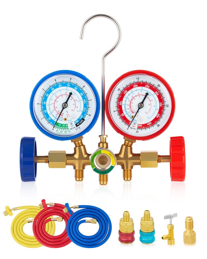 Orion Motor Tech AC Gauges, Automotive AC Gauge Set for R134a R12 R22 R502, 3 Way AC Manifold Gauge Set with 5FT Hoses Couplers & Adapter, R134A Can Tap Freon Recharge Kit for HVAC - Image 1